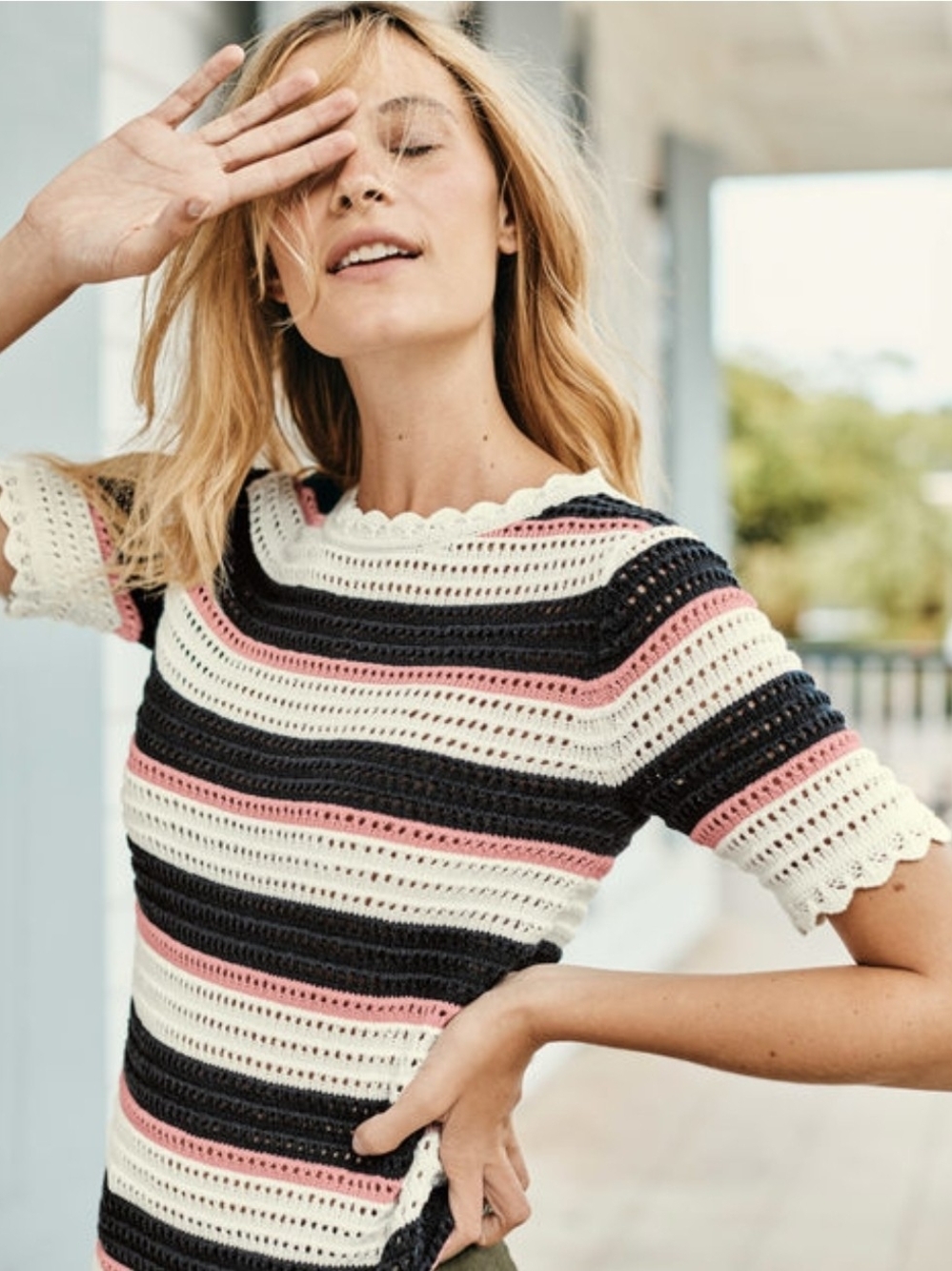 Boden Striped Open-Knit Short Sleeve Sweater